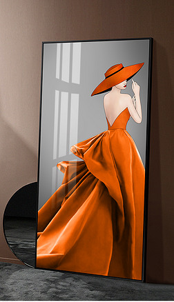 后现代轻奢时尚爱马仕橙抽象优雅礼服性感美女竖版玄关客厅餐厅装饰画3