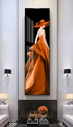 后现代轻奢时尚爱马仕橙抽象优雅礼服性感美女竖版长条晶瓷画玄关装饰画