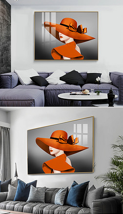 后现代轻奢时尚爱马仕橙抽象艺术优雅性感美女横版巨幅客厅餐厅装饰画2