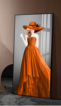 后现代轻奢时尚爱马仕橙抽象优雅礼服性感美女竖版巨幅玄关装饰画