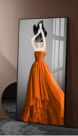 后现代轻奢时尚爱马仕橙抽象优雅礼服性感美女竖版巨幅玄关装饰画2