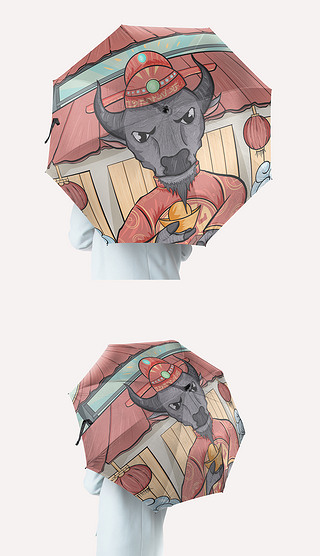 国潮风手绘牛年发财牛动物雨伞太阳伞图案