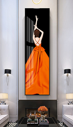 后现代轻奢时尚爱马仕橙抽象艺术唯美性感美女竖版长条玄关装饰画2
