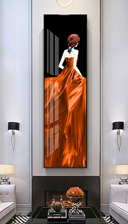后现代轻奢时尚爱马仕橙抽象艺术唯美性感美女竖版长条玄关装饰画3