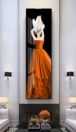 后现代轻奢时尚爱马仕橙抽象艺术唯美性感美女竖版长条玄关装饰画5