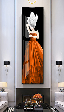 后现代轻奢时尚爱马仕橙抽象艺术唯美性感美女竖版长条玄关装饰画6