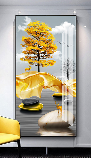现代简约时来运转发财树山水风景玄关装饰画