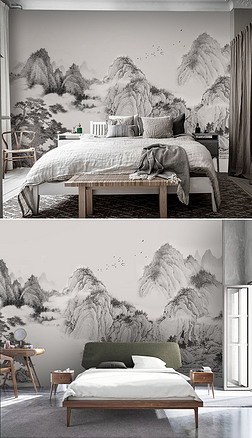 新中式简约水墨意境山水画卧室客厅背景墙