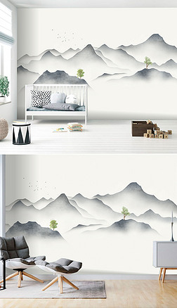 新中式现代水墨意境山水手绘抽象背景墙壁纸