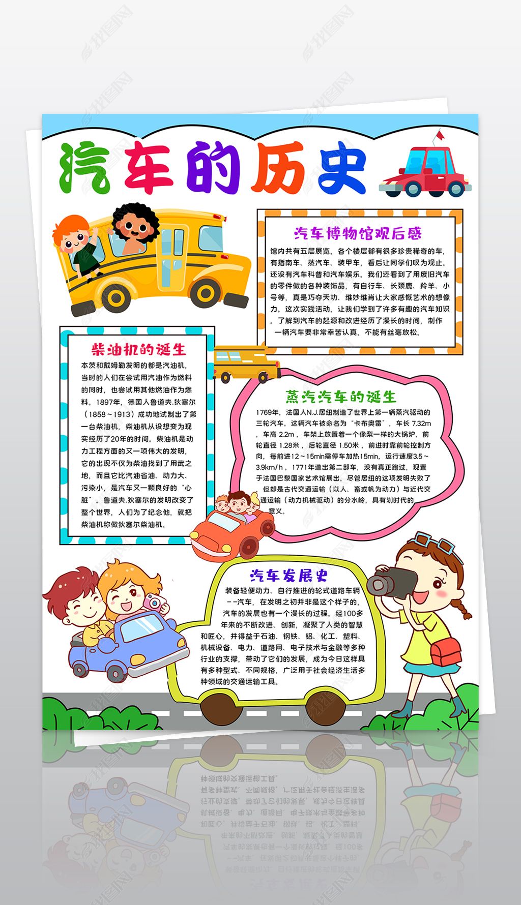 原创竖版汽车博物馆小报科普展览汽车历史参观手抄报素材-版权可商用