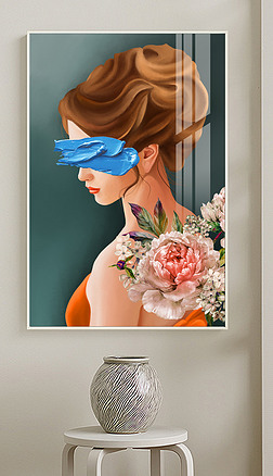 北欧现代手绘女性人物植物花朵玄关装饰画