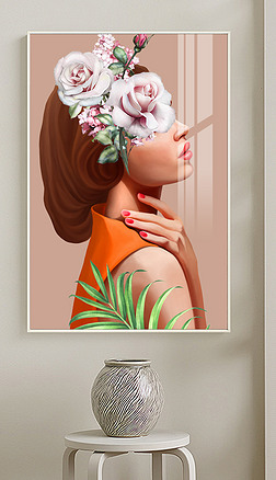 北欧现代手绘女性人物植物花朵玄关装饰画