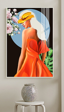 北欧现代手绘女性人物植物花朵玄关装饰画