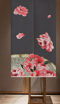 新中式茶室门帘手绘水彩花装饰画家居图案水彩花装饰门帘