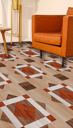 现代轻简约抽象几何错位橙色木纹地板革地毯图案