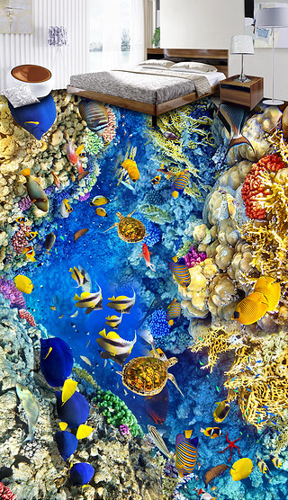 海底世界海龟海藻珊瑚热带鱼3D地板立体画地砖