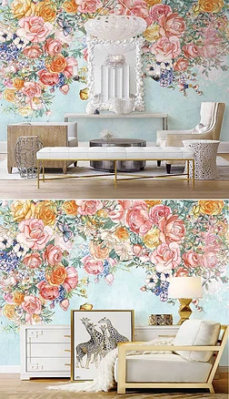 北欧ins手绘美式田园花朵复古繁花室内背景墙