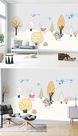 现代北欧卡通手绘森林小兔子儿童房背景墙壁纸