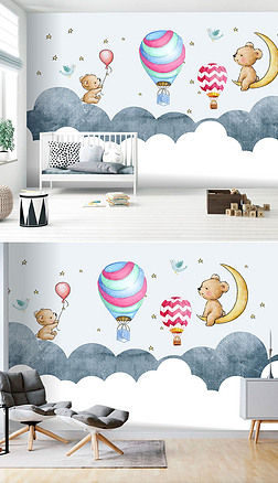 现代北欧卡通手绘熊猫热气球儿童房背景墙壁纸