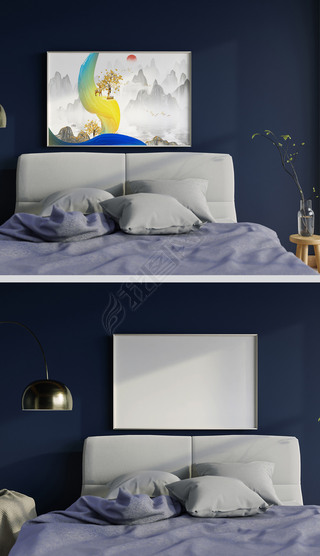 卧室床头海报横婚纱照装饰画场景样机