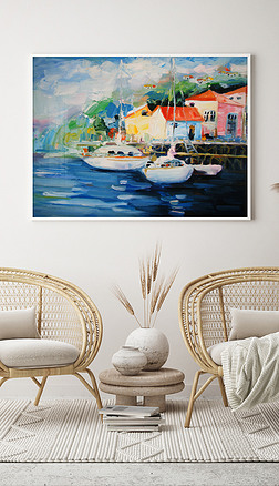 湖边房子小镇油画装饰画印象派油画设计抽象画作