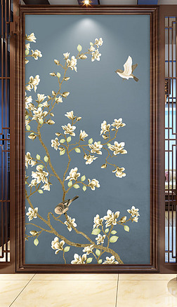 新中式玉兰花开富贵手绘工笔花鸟背景墙墙画花朵