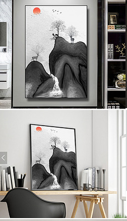 简约北欧抽象无框画创意麋鹿水墨山水画