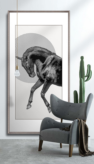 抽象线条动物骏马黑白爱马仕复古版画玄关装饰画