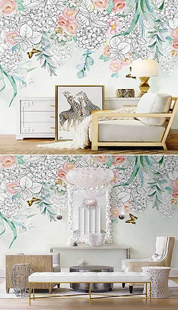 北欧ins手绘繁花墙纸清新花卉现代艺术背景墙