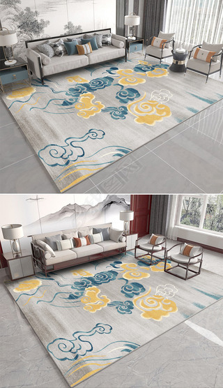 现代新中式抽象水墨祥云地毯地垫图案设计