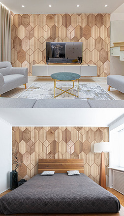 几何蜂巢木纹木板简约现代客厅背景墙壁画壁纸