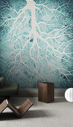 现代时尚抽象手绘蓝色背景唯美树枝背景墙装饰画