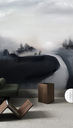现代抽象创意手绘水墨风景轻奢客厅背景墙装饰画