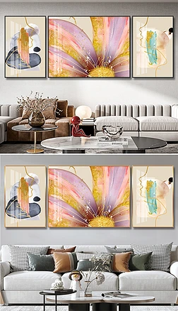 现代轻奢抽象手绘油画花语客厅三联装饰画