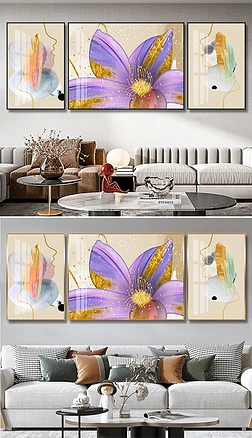 现代轻奢抽象手绘油画花语客厅三联装饰画