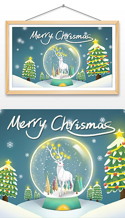 圣诞节水晶球白色麋鹿手绘插画