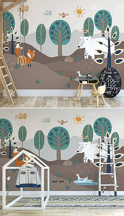 北欧ins手绘森林动物儿童房卧室背景墙