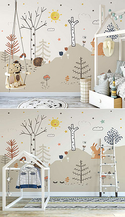 北欧ins手绘树林小动物卡通儿童房卧室背景墙