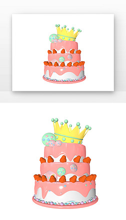 C4D生日蛋糕金色皇冠草莓蛋糕