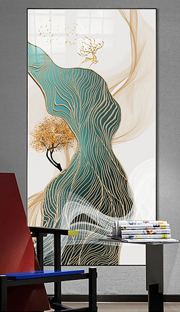现代新中式轻奢抽象立体金色山水麋鹿玄关装饰画