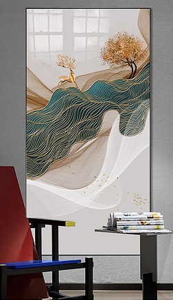 现代新中式轻奢抽象立体金色山水麋鹿玄关装饰画