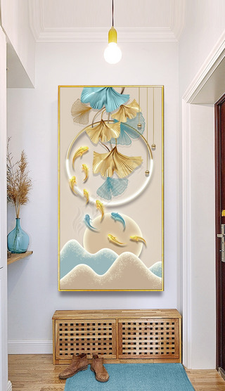 简约轻奢银杏叶九鱼玄关装饰画