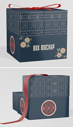 中式丝带礼盒月饼盒包装盒设计样机