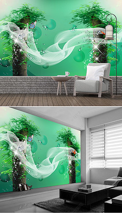 高清春意盎然水珠翠绿树桩电视背景墙装饰画