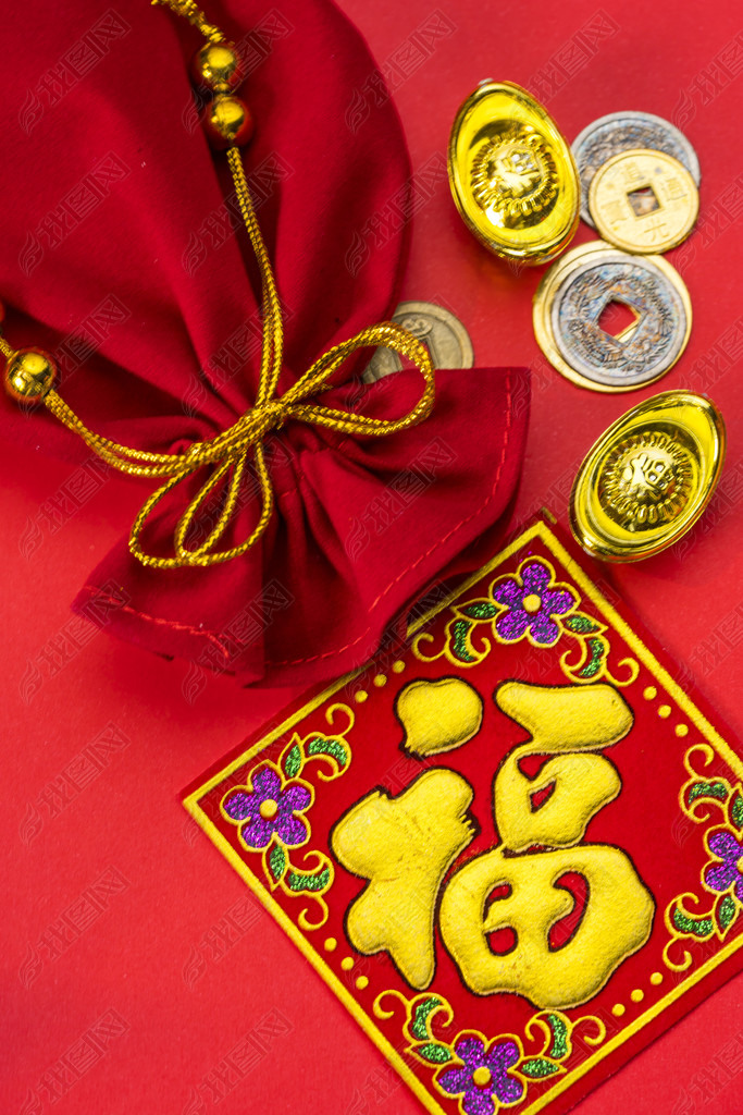 Chinese new year decorations and Auspicious ornaments on red bac