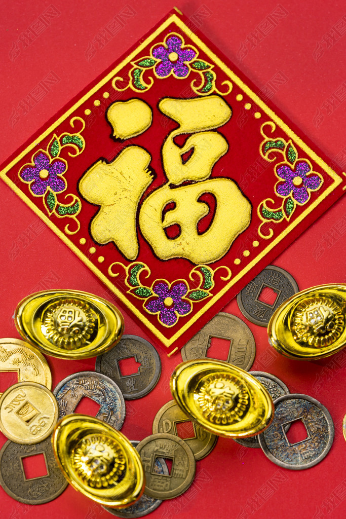 Chinese new year decorations and Auspicious ornaments on red bac