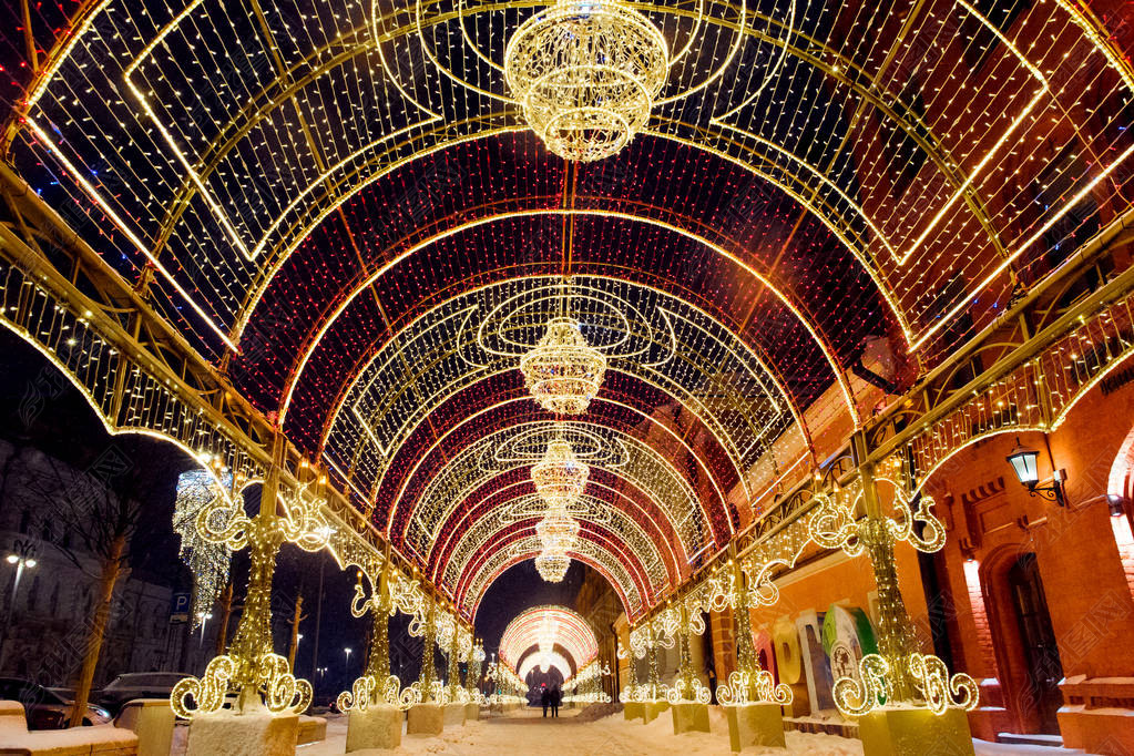 Night winter Moscow in the snow. Street decorated for the New year.