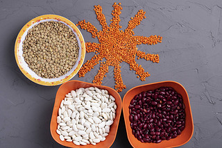 background of beans and seeds. Top view and copy space