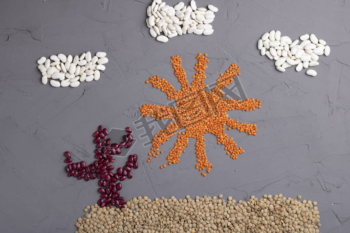 figures made of of beans and seeds. Top view and copy space