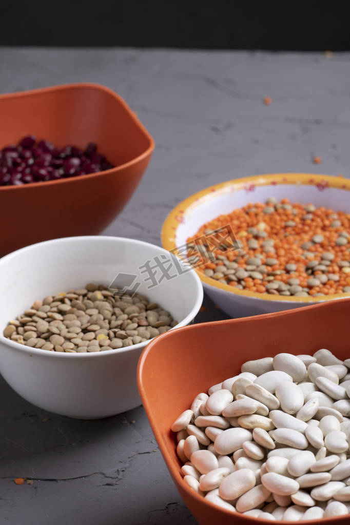 bowls with beans and seeds. Top view and copy space